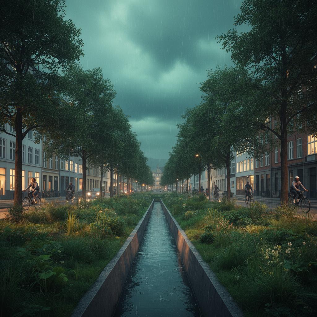 A Copenhagen cloudburst boulevard with a central V-shaped rain channel, lush stormwater gardens and cyclists in rain