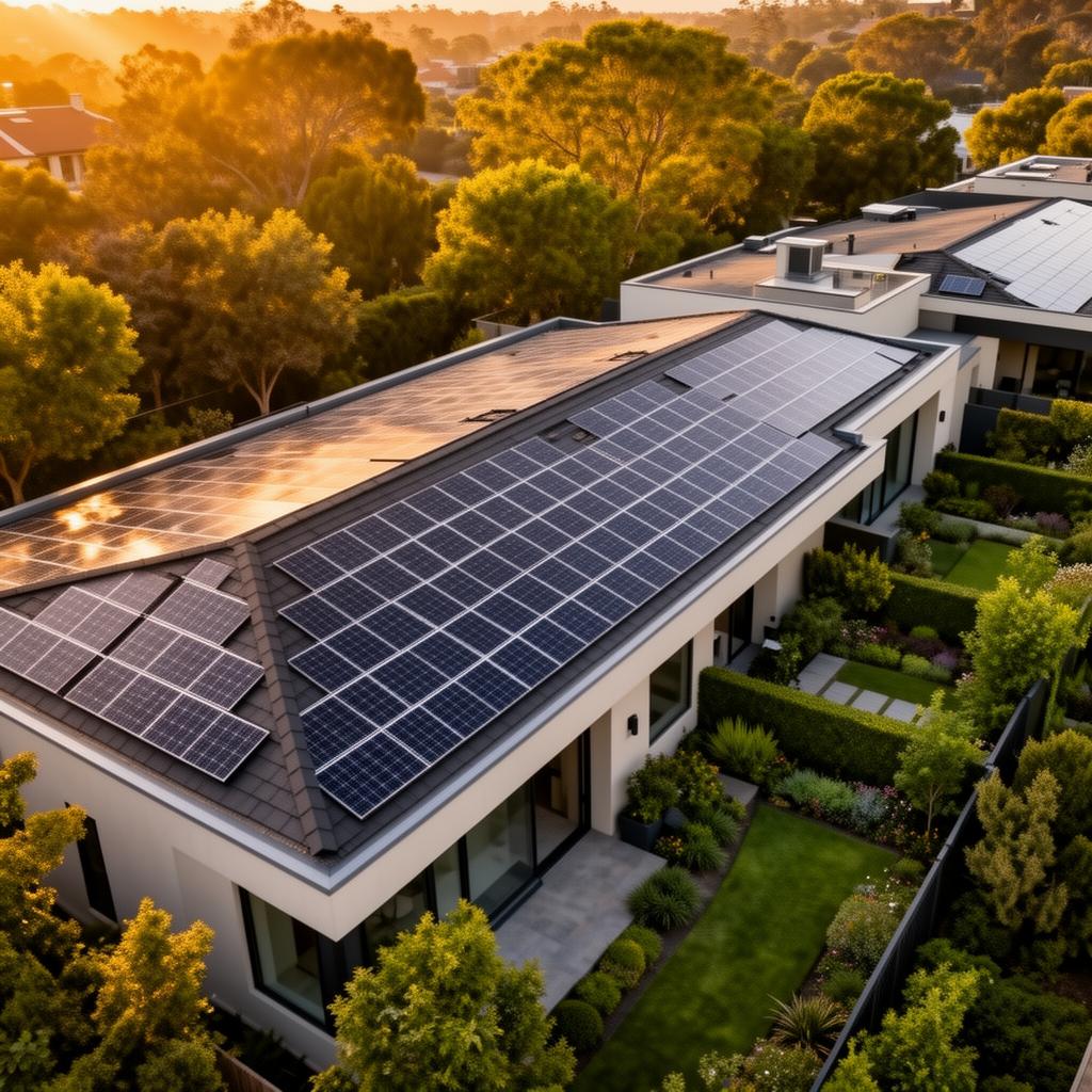 Aerial view of modern rooftops with seamlessly integrated solar surfaces at golden hour, surrounded by lush green gardens