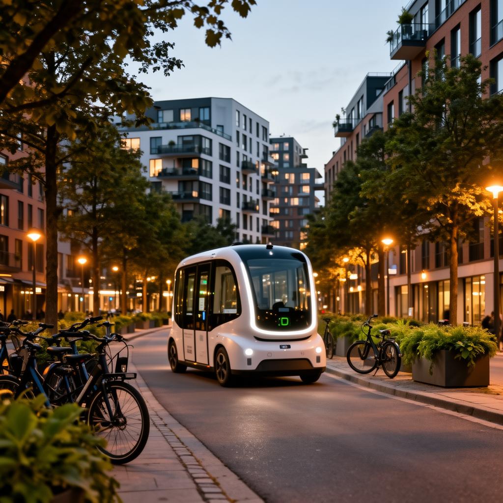 An autonomous electric shuttle on a tree-lined Kalasatama street at dusk with shared e-bikes nearby