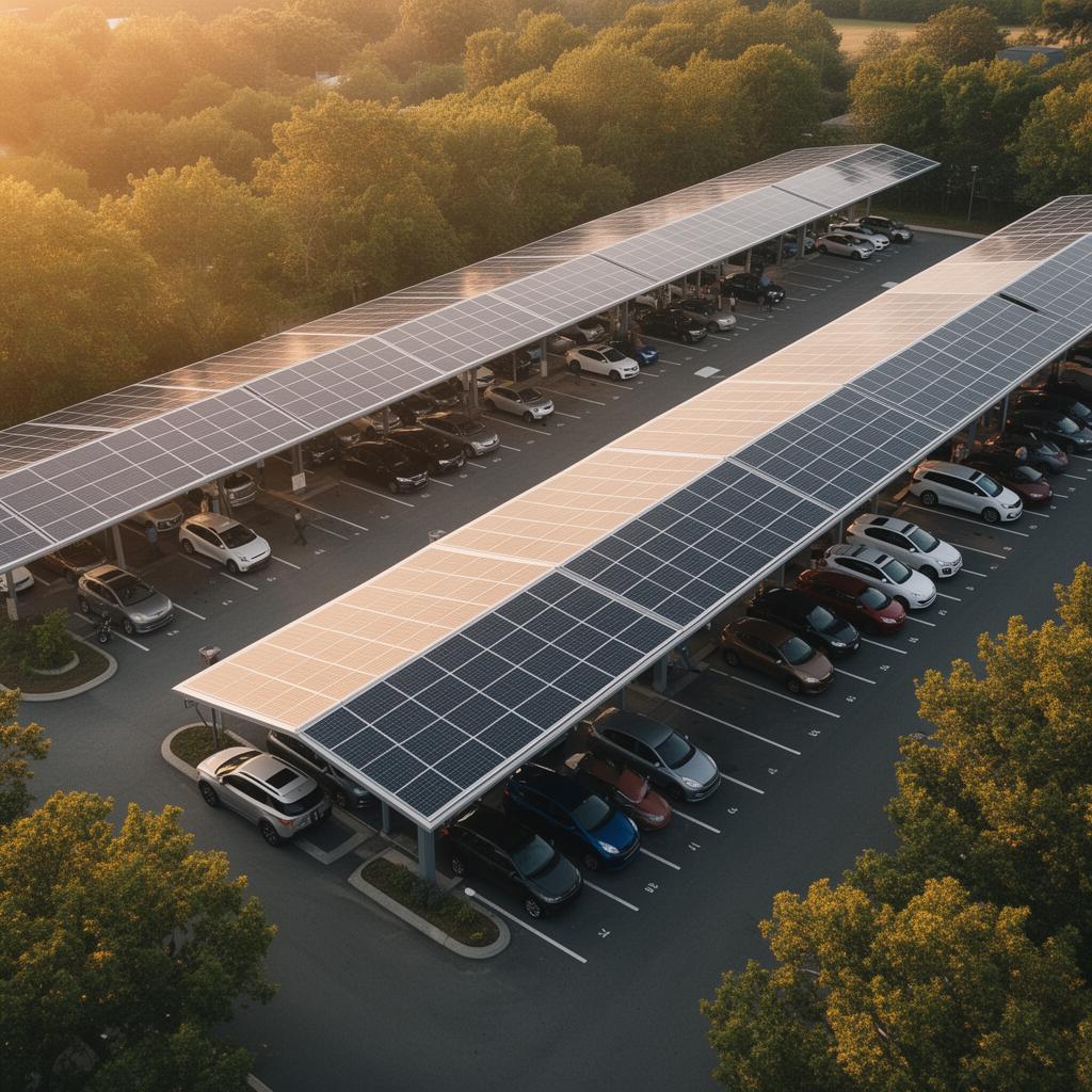 Aerial view of a parking lot covered with sleek solar PV carports at golden hour, cars sheltered beneath integrated solar canopies