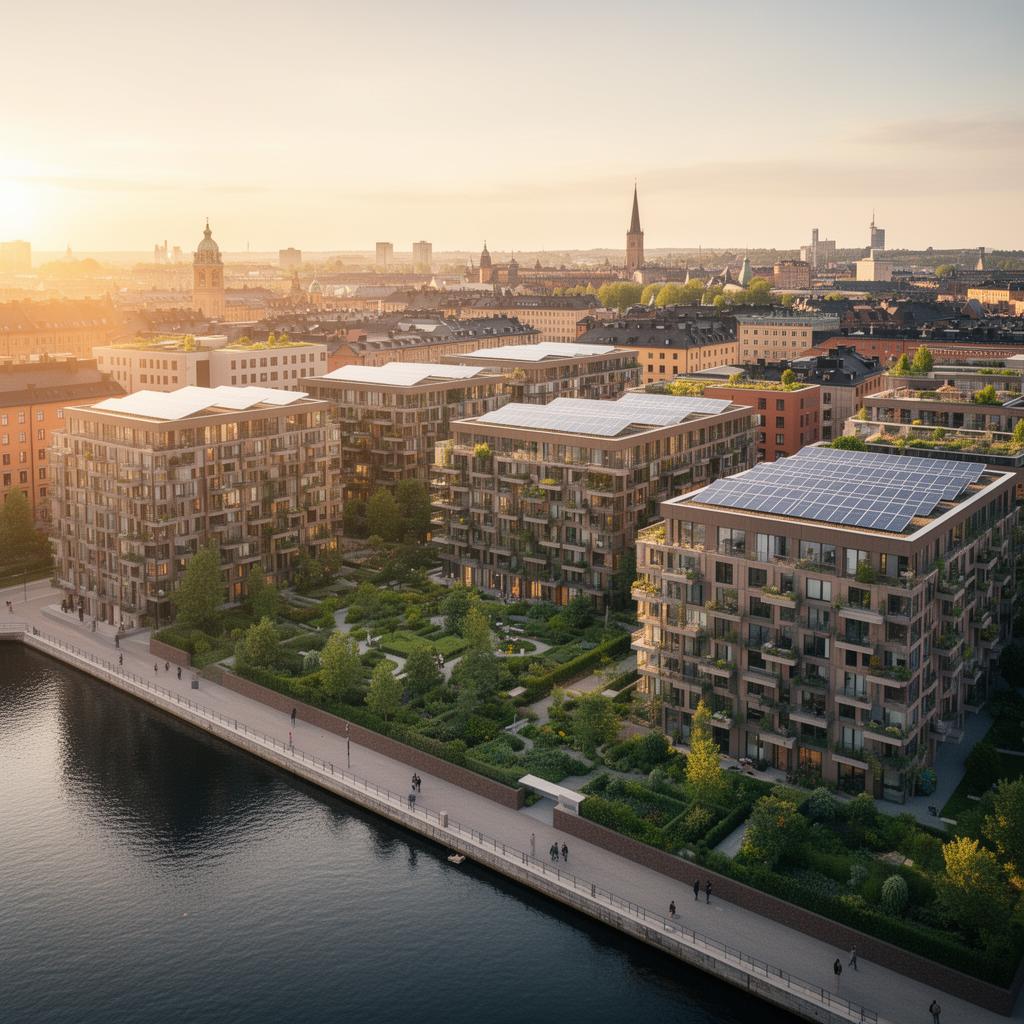 Aerial view of Stockholm Royal Seaport at golden hour with rooftop solar arrays, green courtyards and the waterfront