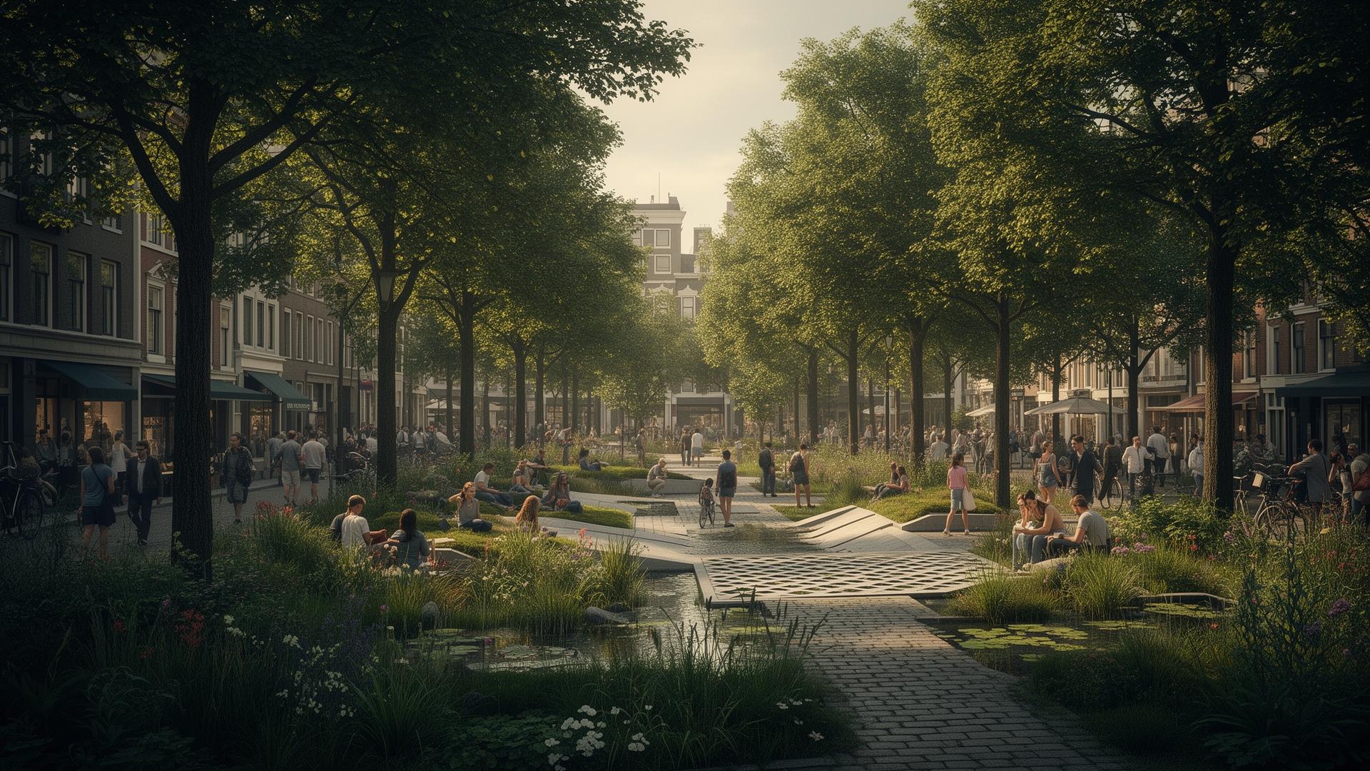 A dense city district transformed into a green, shaded, water-absorbing landscape — green roofs, street trees, rain gardens, cooled plazas, people comfortable outdoors in summer.