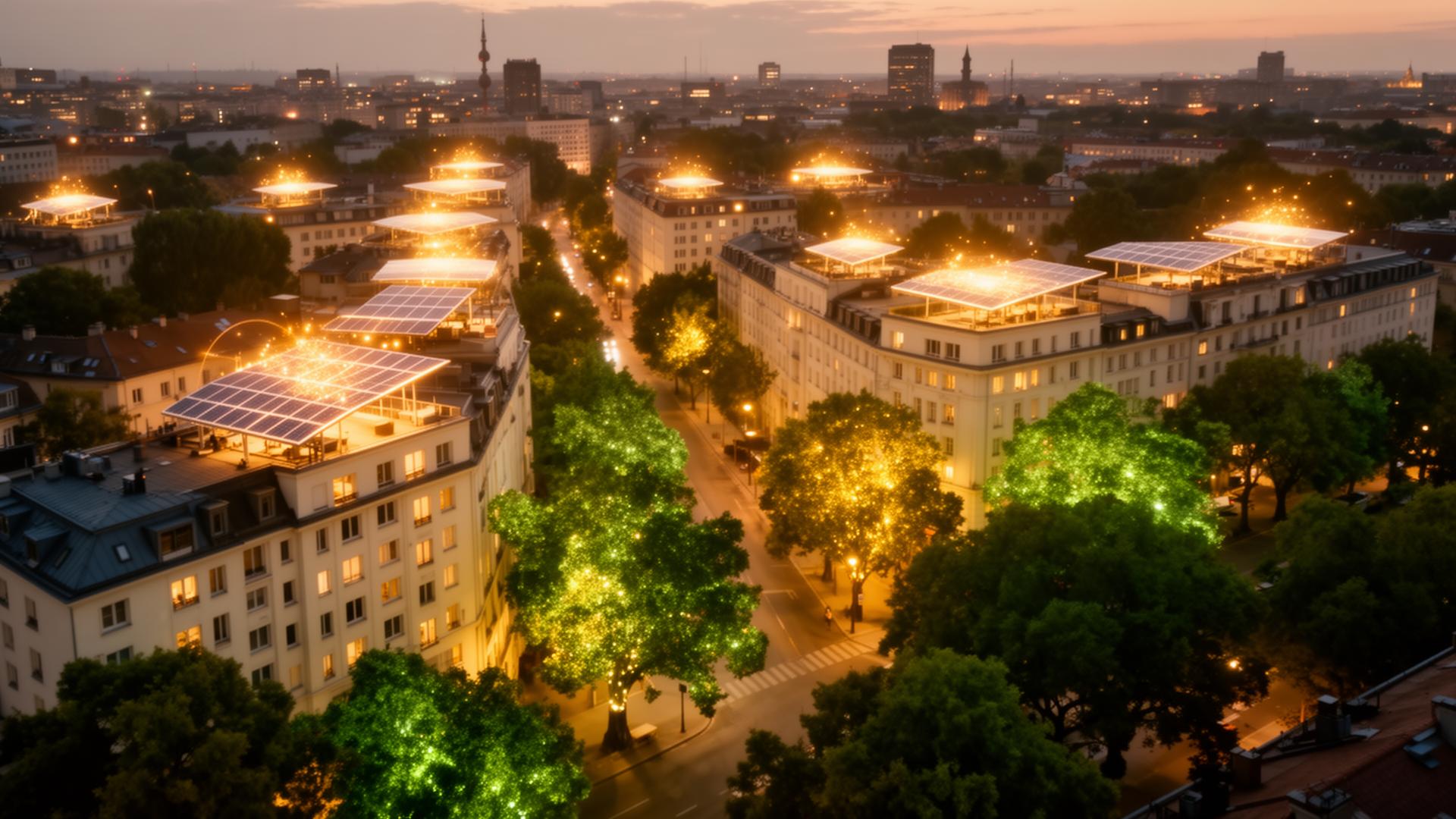 A city at dusk visualised as a living energy organism — glowing distributed power nodes on every rooftop and canopy, warm light, no central power plant.