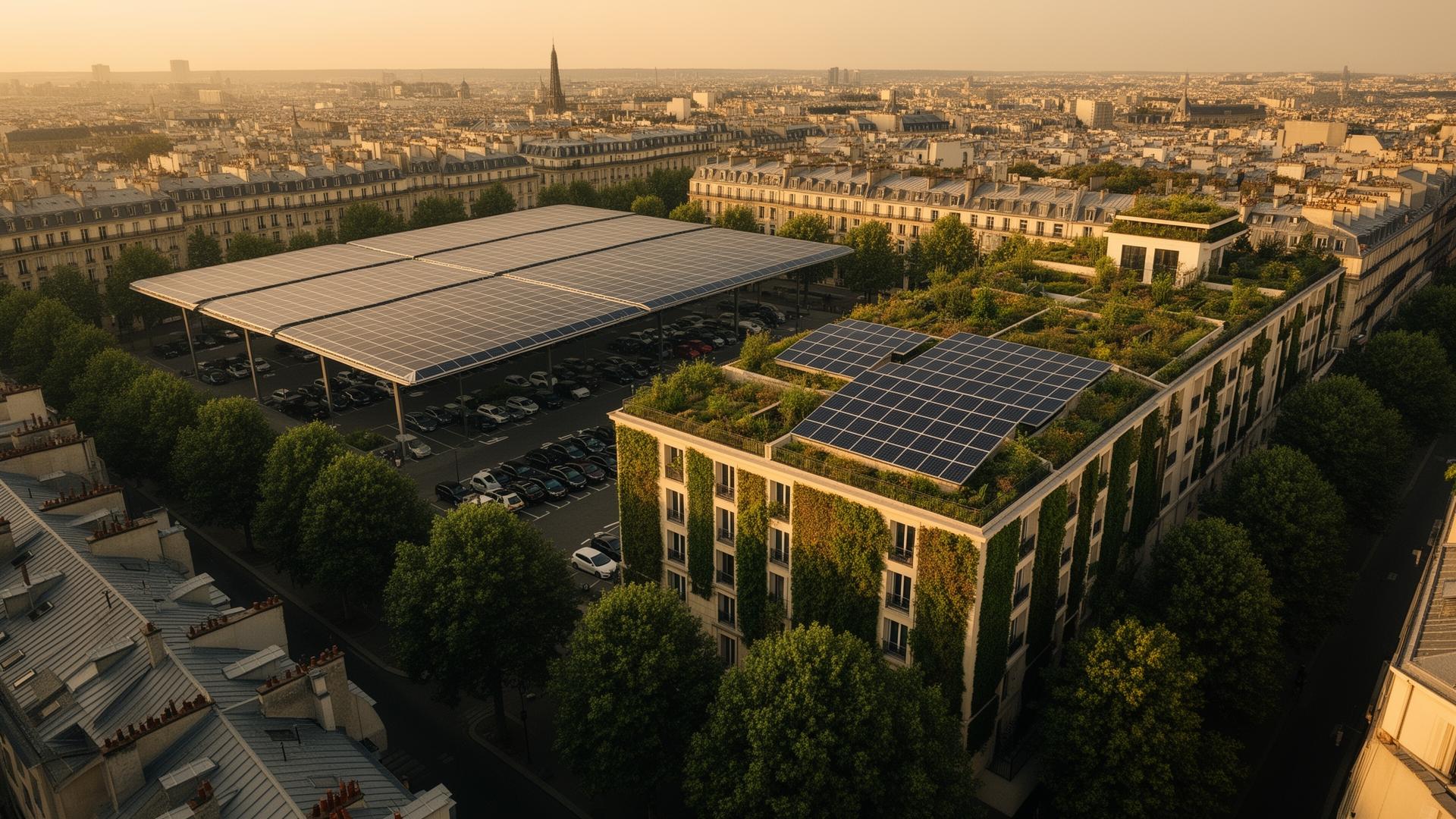 A city seen as layers of existing surfaces being activated — solar canopies over parking, energy roofs, green facades, all upgraded in place, no demolition, lush and hopeful.