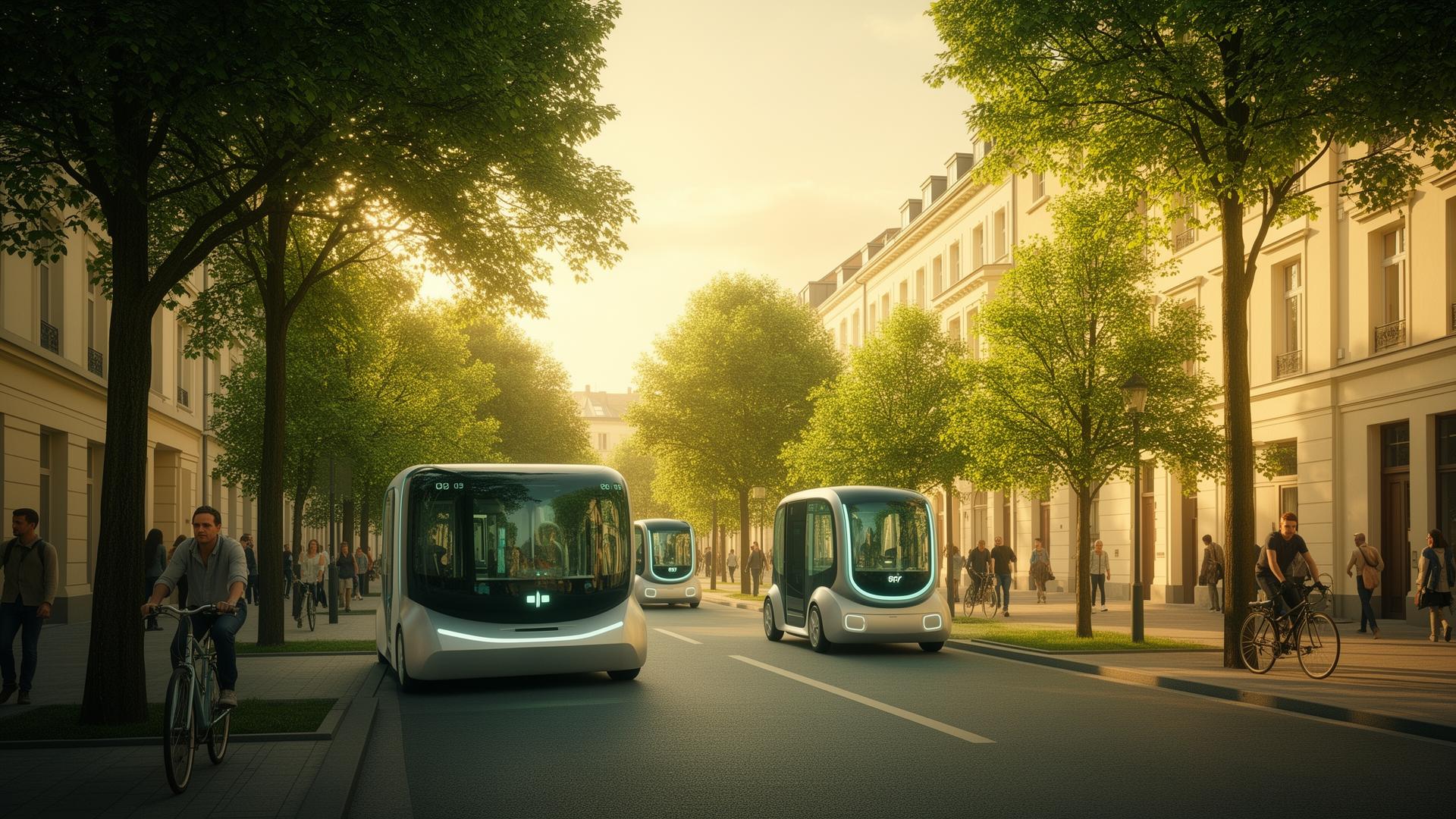 A calm green city street where sleek driverless electric pods glide silently, people walking and cycling, trees where parking used to be, golden hour.
