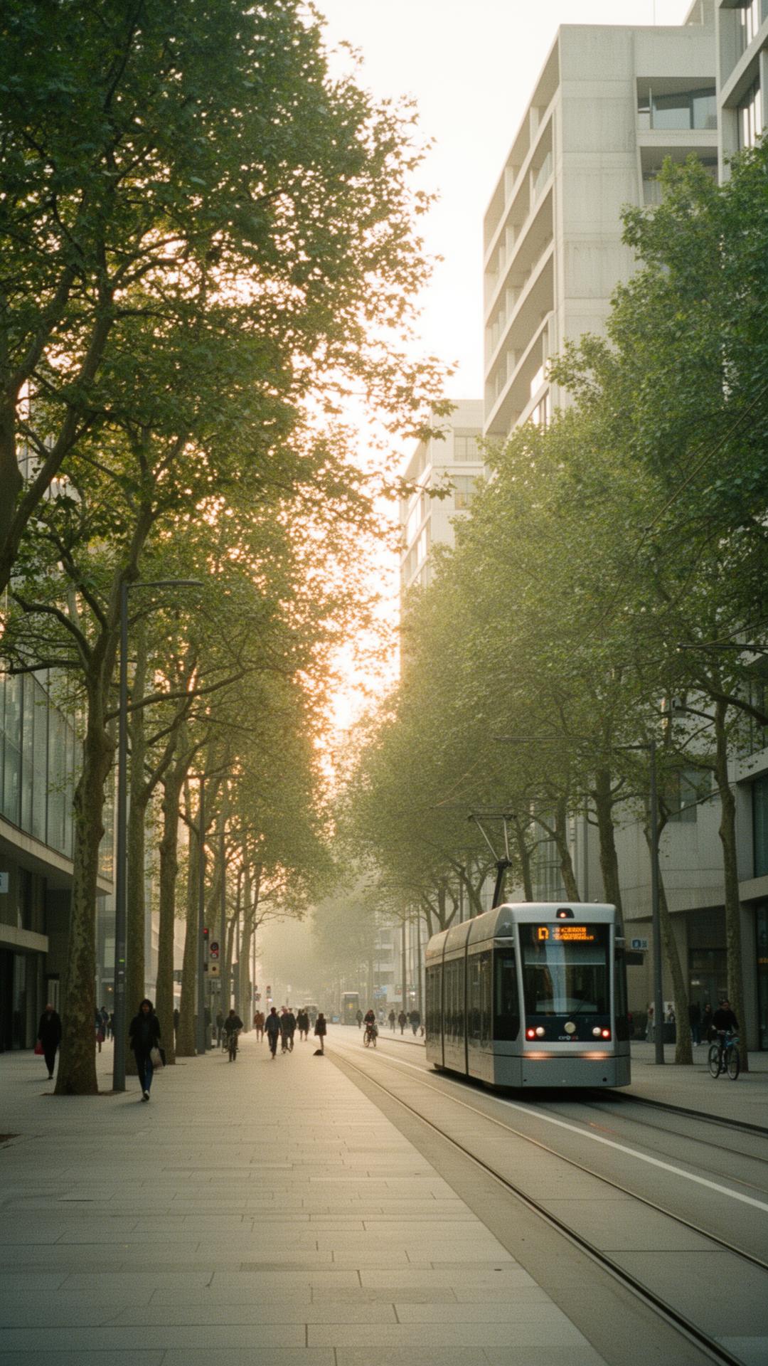 A green, living 2040 district at dusk with glowing rooftops, drones overhead and reclaimed streets full of pedestrians.