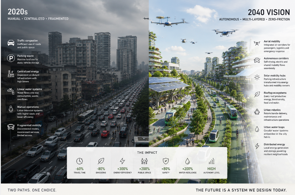 Side-by-side comparison: the manual, centralized 2020s city versus the autonomous, multi-layered 2040 vision