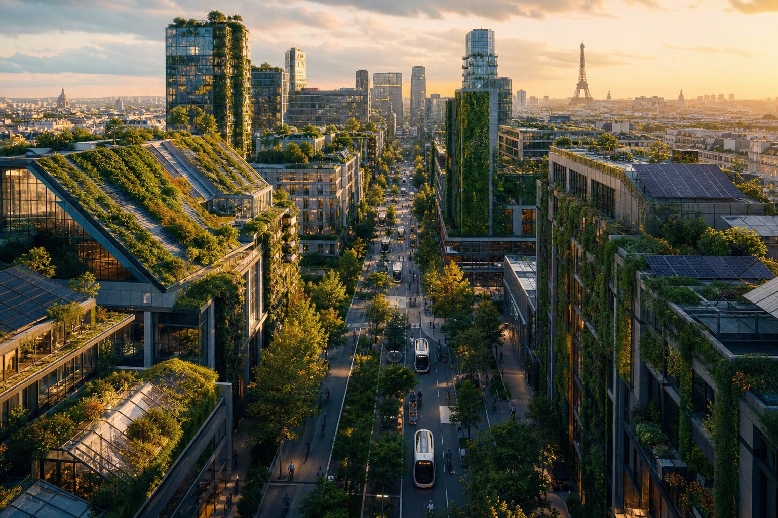A cinematic aerial view of the productive city of 2040 with green rooftops, solar canopies and modern architecture at golden hour.